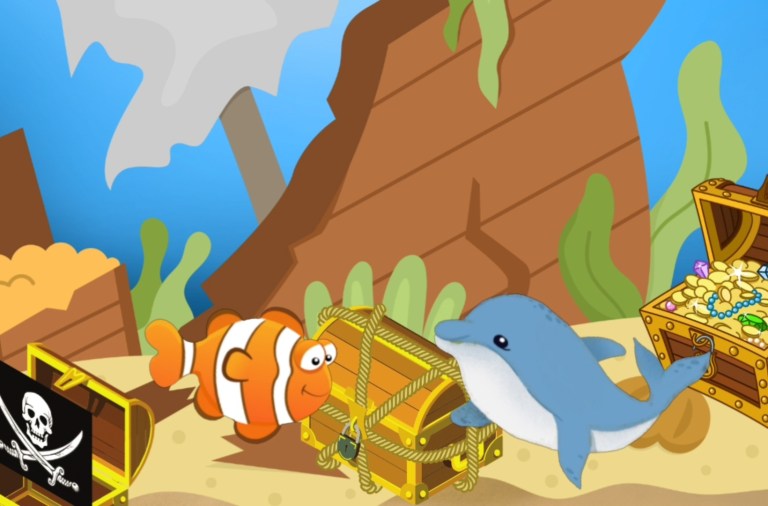 English Story Series – Dolphin and Clown Fish play at the sunken ship