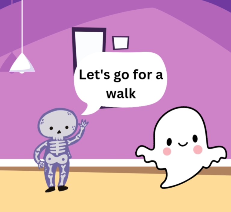 English Story Series – Skeleton takes Ghost for a walk in the pumpkin patch