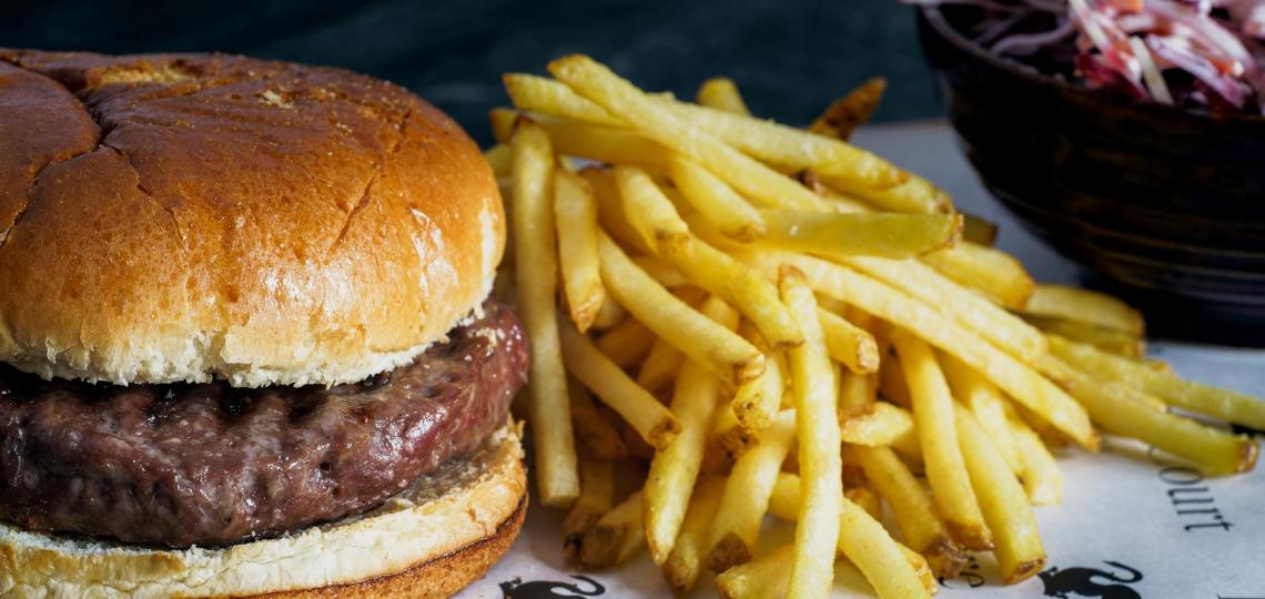 hamburger with patty and fries